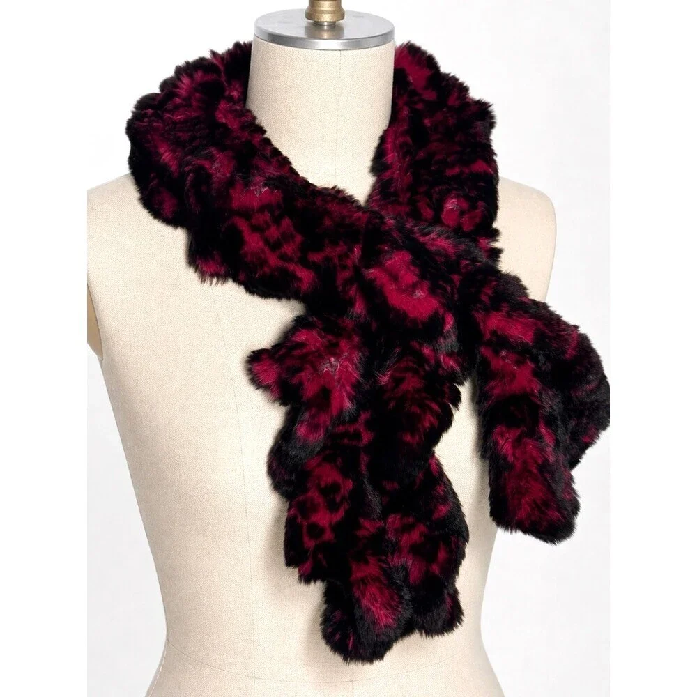 Linda Matthews real rabbit fur ruffle scarf pull through style fuchsia & Black
